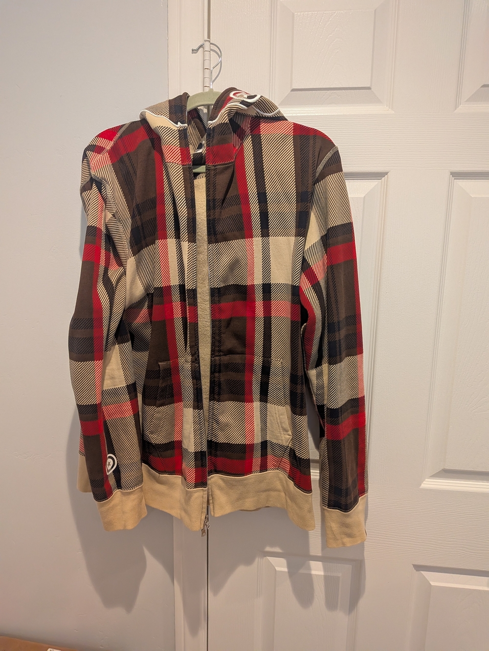 A Bathing Ape Plaid Zip-Up Hoodie with Hood - Red, Brown, Cream